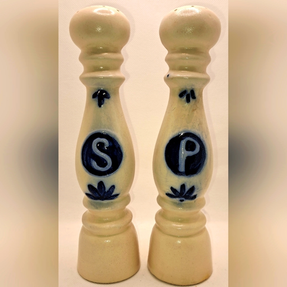 Vintage Salt Glaze Ceramic Salt & Pepper Shakers Cream Blue Large Primitive